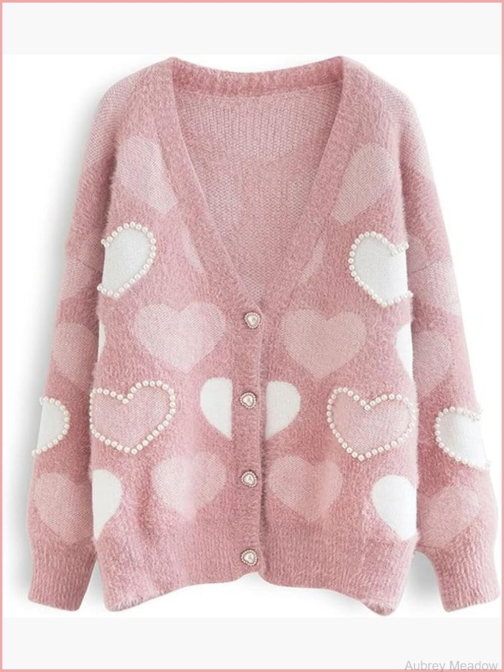 Cute Heart Print Cardigan Sweater Button Front Oversized Knit Top
